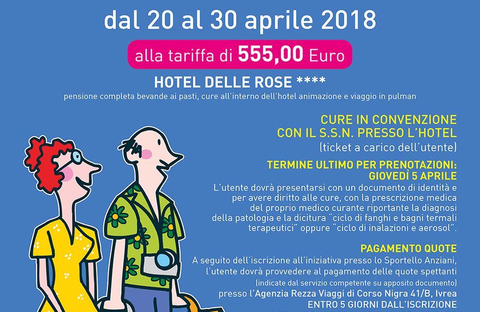 Aperte le iscrizioni. Soggiorno per gli over 65 a Monticelli Terme dal 20 al 30 aprile.