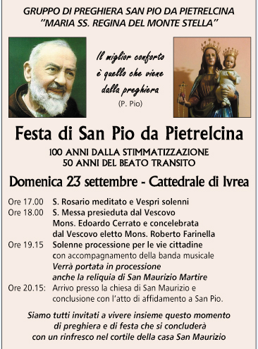 Domenica 23 settembre Ivrea in festa con S. Pio