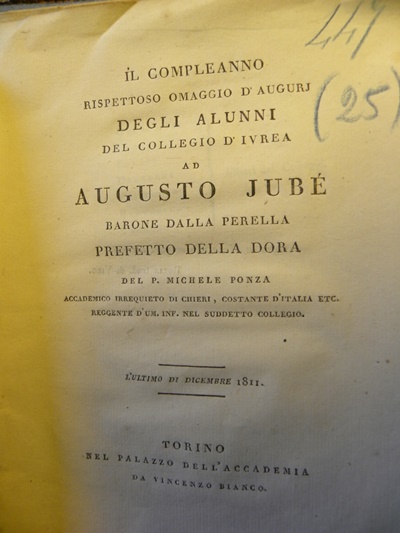 Il compleanno rispettoso omaggio  d’auguri degli alunni del collegio d’Ivrea ad Augusto Jubé, Prefetto della Dora