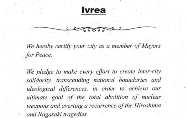IVREA – La Città entra ufficialmente in Mayors for Peace, la rete per la pace e il disarmo
